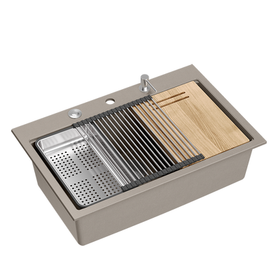 Zlewozmywak granitowy MARC 1-komorowy 76x50 cm szarobeżowy/soft taupe + elementy stal szlachetna