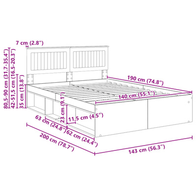 Ramka łóżka Betonowy 140 x 190 cm Lite drewno sosnowe