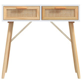 vidaXL Stolik konsolowy, biały, 80x30x75 cm, lita sosna i rattan