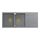 EVAN 121 GraniteQ zlewozmywak z syfonem Push To Open 2-komorowy z/o (1160x500x210; kom. 420x340) silver stone / elementy złote