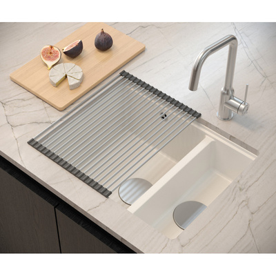 Zlewozmywak granitowy LOGAN 150 – półtorakomorowy, podwieszany, pearl beige/elementy miedziane, Quadron