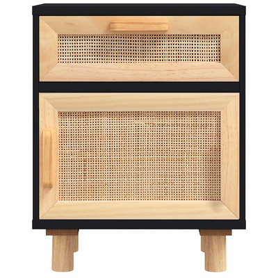 Szafki nocne, 2 szt., czarne, lite drewno sosnowe i rattan