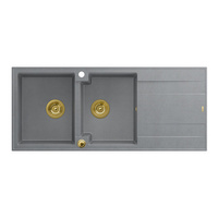 EVAN 121 GraniteQ zlewozmywak z syfonem Push To Open 2-komorowy z/o (1160x500x210; kom. 420x340) silver stone / elementy złote