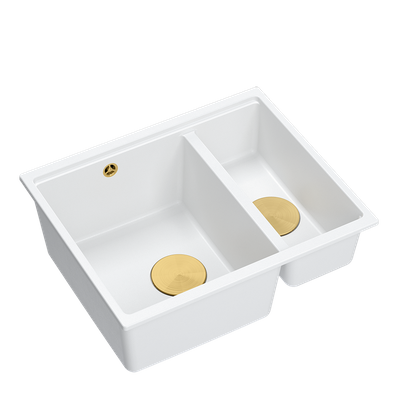 QUADRON | LOGAN 150 | granitowy zlewozmywak kuchenny BIAŁY + ZŁOTO PVD | wymiary: 56 x 46 x 22 cm | 1,5-komorowy wpuszczany | podbudowa szafki od: 60 cm