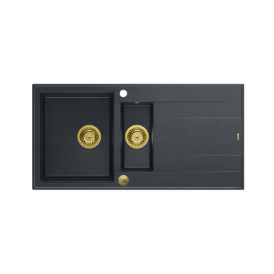 EVAN 156 GraniteQ zlewozmywak z syfonem Push To Open 1,5-komorowy z/o (1000x500x210; kom. 420x480) black diamond / elementy złote