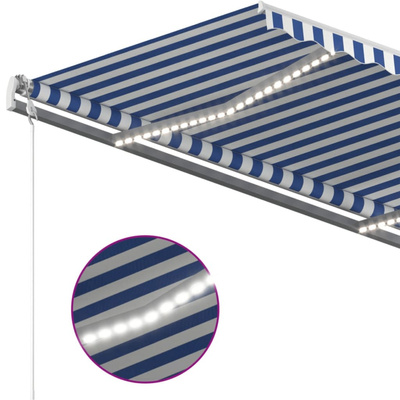 Ręcznie zwijana markiza z LED, 450x350 cm, niebiesko-biała