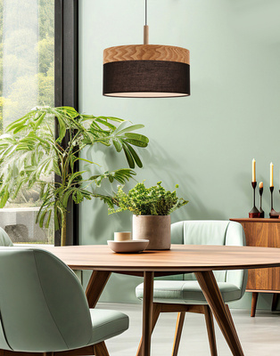 Lampa wisząca z abażurem Orto czarno-drewniana pojedyncza E27 do salonu