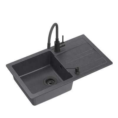 READY- MAX CZARNY zlewozmywak granitowy 1-k z/o (77x44x17,5) + bateria z elastyczną wylewką very black + dozownik very black + syfon very black