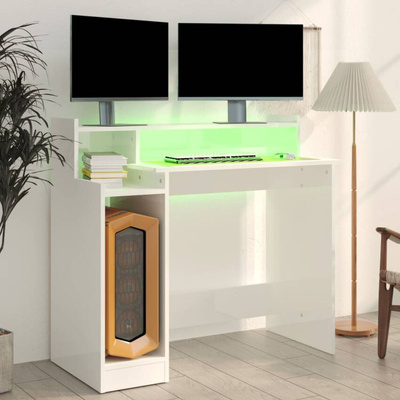 vidaXL Biurko z podświetleniem LED, białe, wysoki połysk, 97x45x90 cm