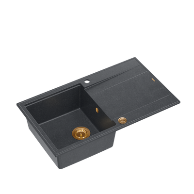 EVAN 111 GraniteQ zlewozmywak z syfonem i zaślepką 1-komorowy z/o (860x500x210) black diamond / elementy miedziane
