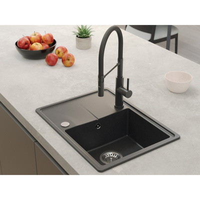 Zlewozmywak granitowy TONY 116 – jednokomorowy, wpuszczany, black dotted/elementy stalowe, Quadron