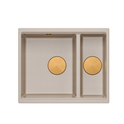 Zlewozmywak granitowy LOGAN 150 – półtorakomorowy, wpuszczany, pearl beige/elementy miedziane, Quadron