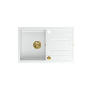 MORGAN 111 GraniteQ zlewozmywak snow white z syfonem Push To Open 1-komorowy z/o/ elementy złote