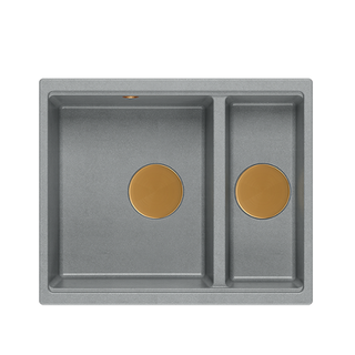 QUADRON | LOGAN 150 | granitowy zlewozmywak kuchenny SZARY + MIEDŹ PVD | wymiary: 56 x 46 x 22 cm | 1,5-komorowy podwieszany | podbudowa szafki od: 60 cm