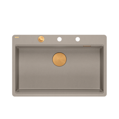 QUADRON | MARC 110 FM PRODUKT NA ZAMÓWIENIE | granitowy zlewozmywak kuchenny SZAROBEŻOWY + MIEDŹ PVD | wymiary: 75 x 49 x 24 cm | akcesoria: syfon, dozownik, deska | 1-komorowy na równi w blatem | podbudowa szafki od: 80 cm