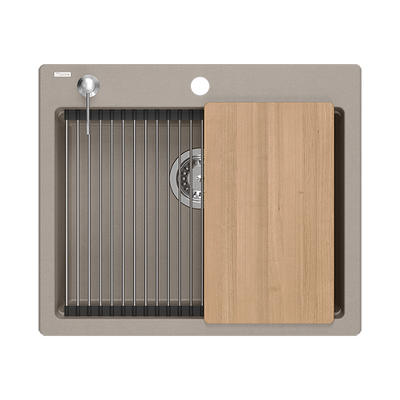 Quadron | KURT 110 | kuchenny zlewozmywak granitowy SOFT TAUPE | wymiary: 59,5 x 50 x 21,5 cm | akcesoria: syfon, dozownik, deska, Qmata, wkładka ociekowa | 1-komorowy wpuszczany | podbudowa szafki: od 60 cm