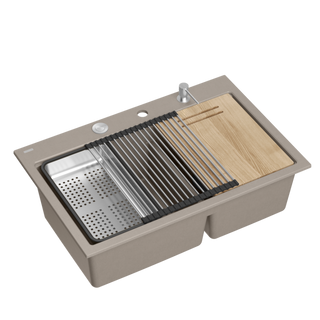 Zlewozmywak granitowy MARC 120 WORKSTATION – dwukomorowy, wpuszczany, soft taupe/elementy stalowe + AKCESORIA, Quadron