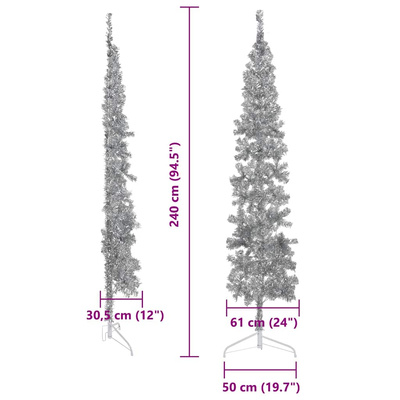Smukła choinka połówka ze stojakiem, sztuczna, srebrna, 240 cm