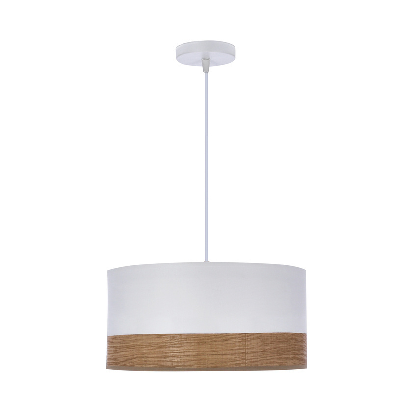 Lampa wisząca z abażurem Porto biała z fornirowanym abażurem do salonu