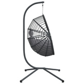 Wiszące krzesło kokon ze stojakiem, szare, rattan i stal