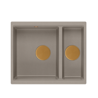 QUADRON | LOGAN 150 | granitowy zlewozmywak kuchenny BEŻ + MIEDŹ PVD | wymiary: 56 x 46 x 22 cm | 1,5-komorowy podwieszany | podbudowa szafki od: 60 cm