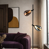 Lampa podłogowa Denso czarna dwupunktowa szklane klosze dymiony i miedziany