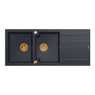 EVAN 121 GraniteQ zlewozmywak z syfonem Push To Open 2-komorowy z/o (1160x500x210; kom. 420x340) black diamond / elementy miedziane