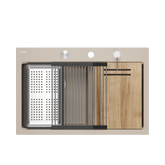Zlewozmywak granitowy MARC 120 WORKSTATION – dwukomorowy, wpuszczany, pearl beige/elementy stalowe + AKCESORIA, Quadron