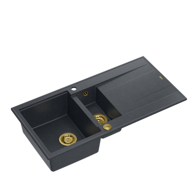 EVAN 156 GraniteQ zlewozmywak z syfonem Push To Open 1,5-komorowy z/o (1000x500x210; kom. 420x480) black diamond / elementy złote