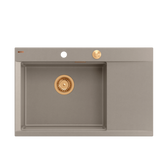 JOSH 111 GraniteQ zlewozmywak 1-komorowy z/o (780x500x215) soft taupe + syfon push 2 open + deska + wkładka/ elementy miedziane