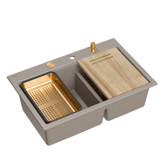Zlewozmywak granitowy MARC 120 WORKSTATION – dwukomorowy, wpuszczany, soft taupe/elementy miedziane + AKCESORIA, Quadron
