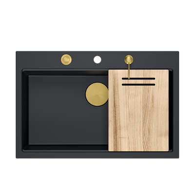 Zlewozmywak granitowy MARC 1-komorowy 76x50 cm czarny/pure carbon + Nano ZŁOTO PVD