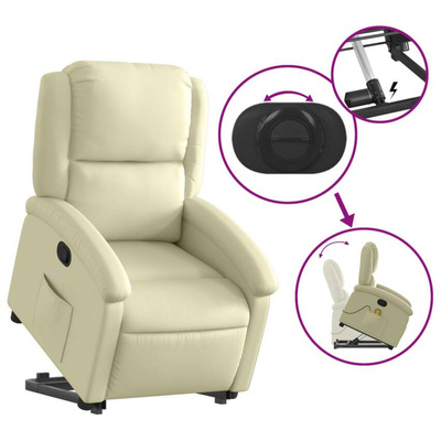 Podnoszony fotel masujący, rozkładany, kremowy, skóra naturalna vidaXL
