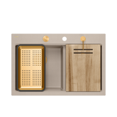 Zlewozmywak granitowy MARC 120 WORKSTATION – dwukomorowy, wpuszczany, pearl beige/elementy miedziane + AKCESORIA, Quadron