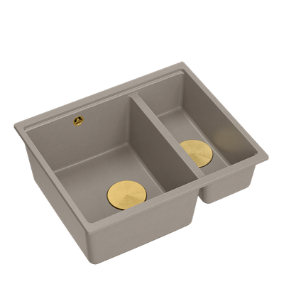 QUADRON | LOGAN 150 | granitowy zlewozmywak kuchenny BEŻ + ZŁOTO PVD | wymiary: 56 x 46 x 22 cm | 1,5-komorowy wpuszczany | podbudowa szafki od: 60 cm