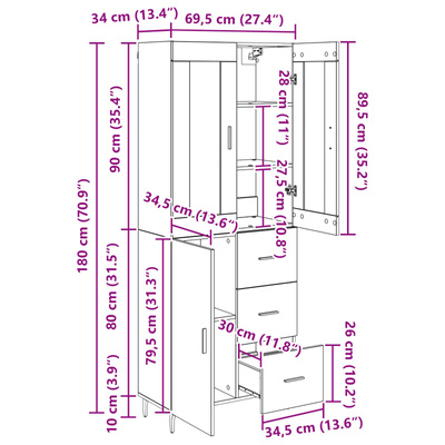 Highboard 2 szt. Czarny Dąb 69,5 x 34 x 180 cm