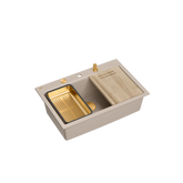 Zlewozmywak granitowy MARC 110 WORKSTATION – jednokomorowy, wpuszczany, pearl beige/elementy miedziane + AKCESORIA, Quadron
