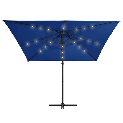 Parasol wiszący z LED i stalowym słupkiem 250x250 cm, niebieski