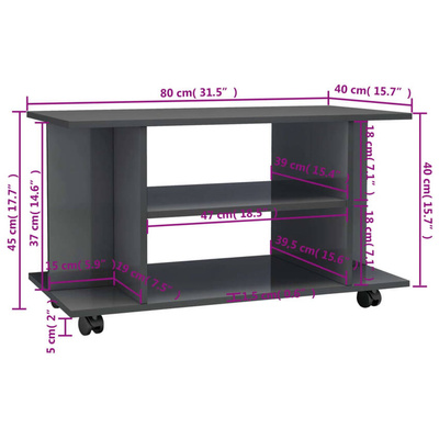 vidaXL Szafka pod TV, wysoki połysk, szara, 80x40x45 cm