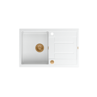 MORGAN 111 GraniteQ zlewozmywak snow white z syfonem Push To Open 1-komorowy z/o / elementy miedziane