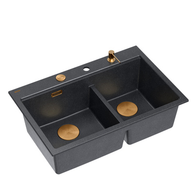 Zlewozmywak granitowy MARC 120 WORKSTATION – dwukomorowy, wpuszczany, black diamond/elementy miedziane + AKCESORIA, Quadron
