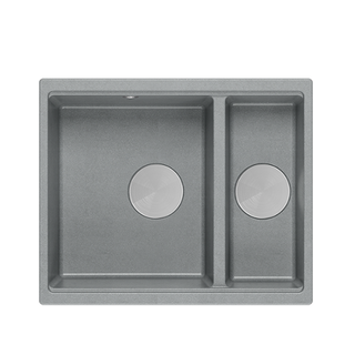 QUADRON | LOGAN 150 | granitowy zlewozmywak kuchenny SZARY + STAL | wymiary: 56 x 46 x 22 cm | 1,5-komorowy wpuszczany | podbudowa szafki od: 60 cm