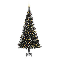 vidaXL Sztuczna choinka z lampkami i bombkami, czarna, 240 cm, PVC model standard