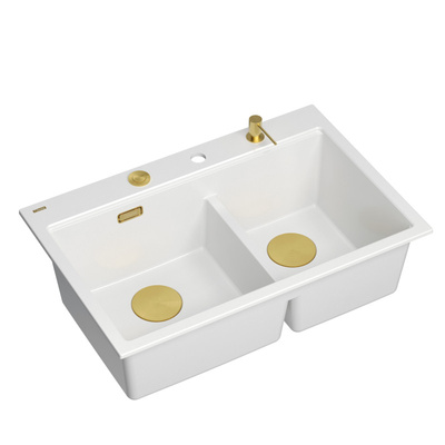 Zlewozmywak granitowy MARC 120 WORKSTATION – dwukomorowy, wpuszczany, snow white/elementy złote + AKCESORIA, Quadron