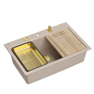 Zlewozmywak granitowy MARC 110 WORKSTATION – jednokomorowy, wpuszczany, pearl beige/elementy złote + AKCESORIA, Quadron