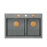 Zlewozmywak granitowy MARC 120 WORKSTATION – dwukomorowy, wpuszczany, silver stone/elementy miedziane + AKCESORIA, Quadron