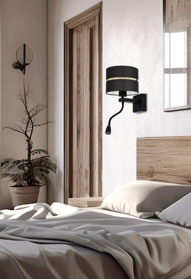 Polo Lampa Kinkiet Czarny 1X40W E27+2W Led Abażur Czarny+Złoty Pasek