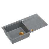 EVAN 146 XL GraniteQ zlewozmywak z syfonem Push 2 Open 1-komorowy z/o (1000x500x210; kom. 420x480) silver stone / elementy miedziane