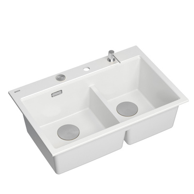 Zlewozmywak granitowy MARC 120 WORKSTATION – dwukomorowy, wpuszczany, snow white/elementy stalowe + AKCESORIA, Quadron