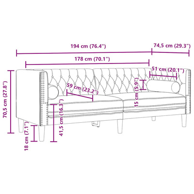 Sofa Chesterfield z wałkami, trzyosobowa, kremowa, aksamit